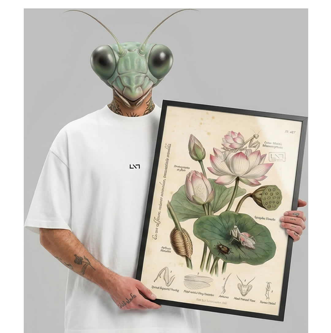 Lotus Mantis mascot holding a 19th-century botanical print